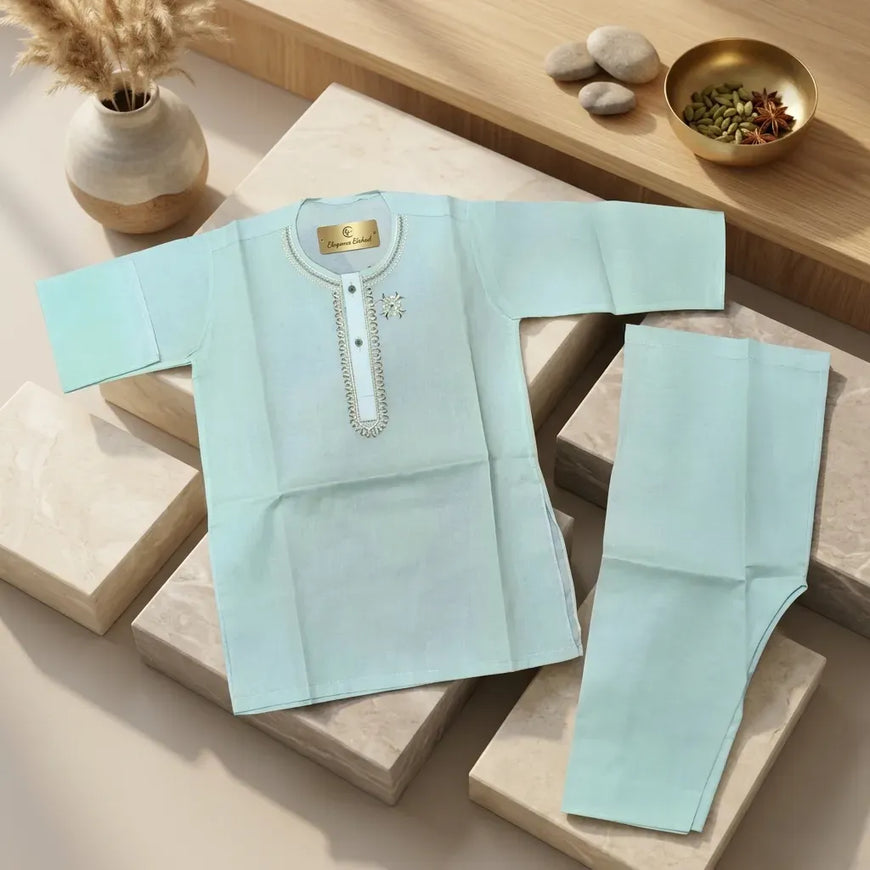 Boy's Cotton Embroidered Kurta Shalwar Set Mint Green 6-12M