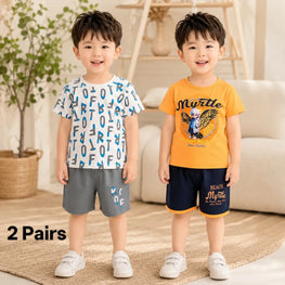 Boy's Printed Cotton Shorts & T-Shirt Set 2 Pairs Multicolor