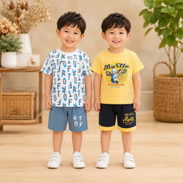 Boy's Printed Cotton Shorts & T-Shirt Set 2 Pairs Multicolor