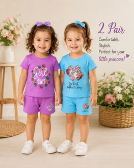 2 Pair Printed Girl's Cotton Shorts & Shirt Set Multicolor