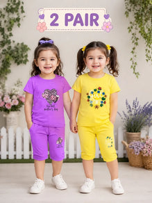 2 Pair Printed Girl's Cotton Shorts & Shirt Set Multicolor