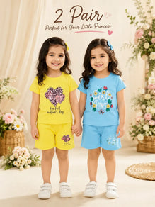 2 Pair Girl's Printed Shirt And Shorts Set