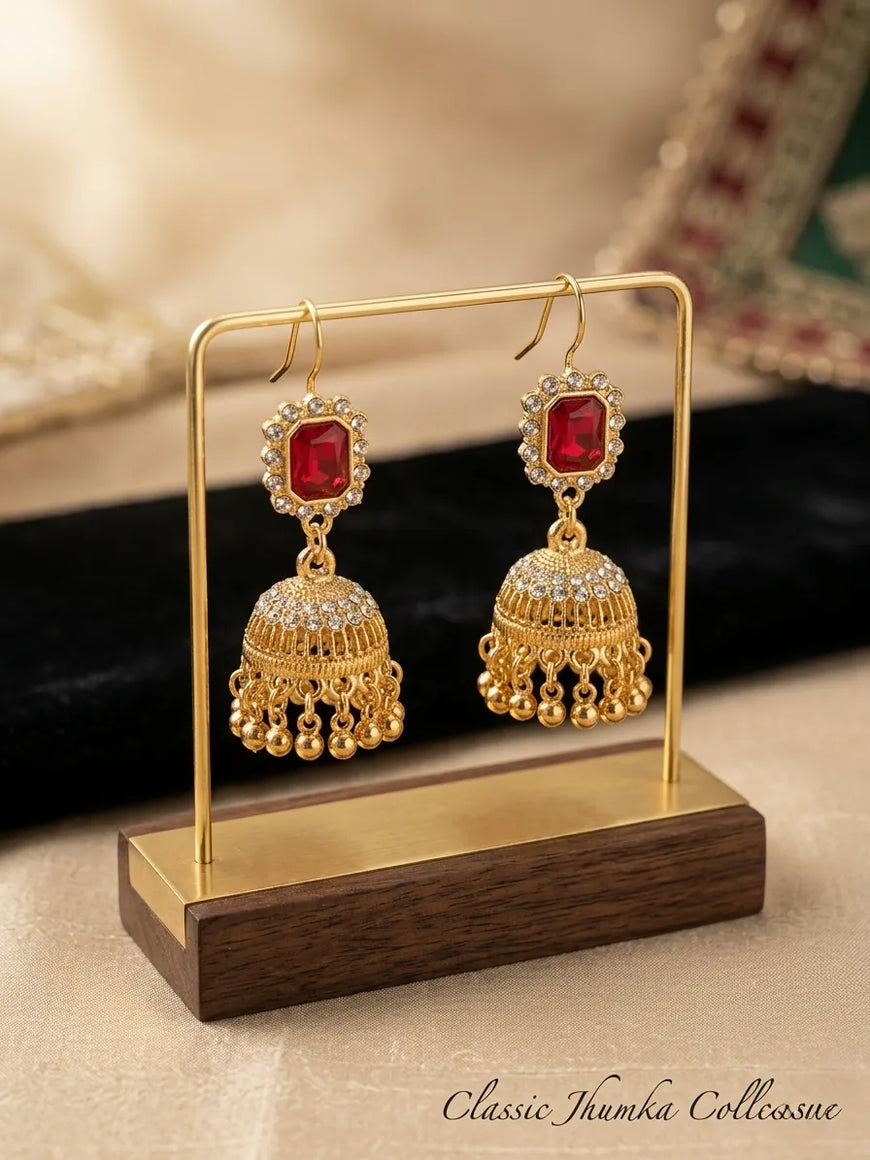 Gold Plated Crystal Jhumka Earrings for Women 2 Pcs