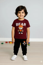 Maroon Bear Print 2-Piece Track Suit for Kids