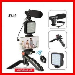 AY-49 Vlogger Kit with Mic Light Tripod Remote Black