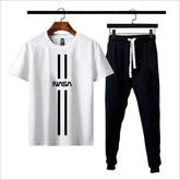 Men NASA Print Cotton Jersey 2-Piece Set White Black