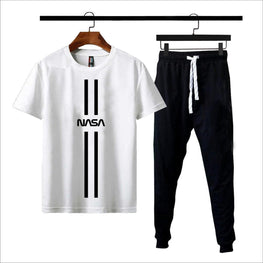 Men NASA Print Cotton Jersey 2-Piece Set White Black