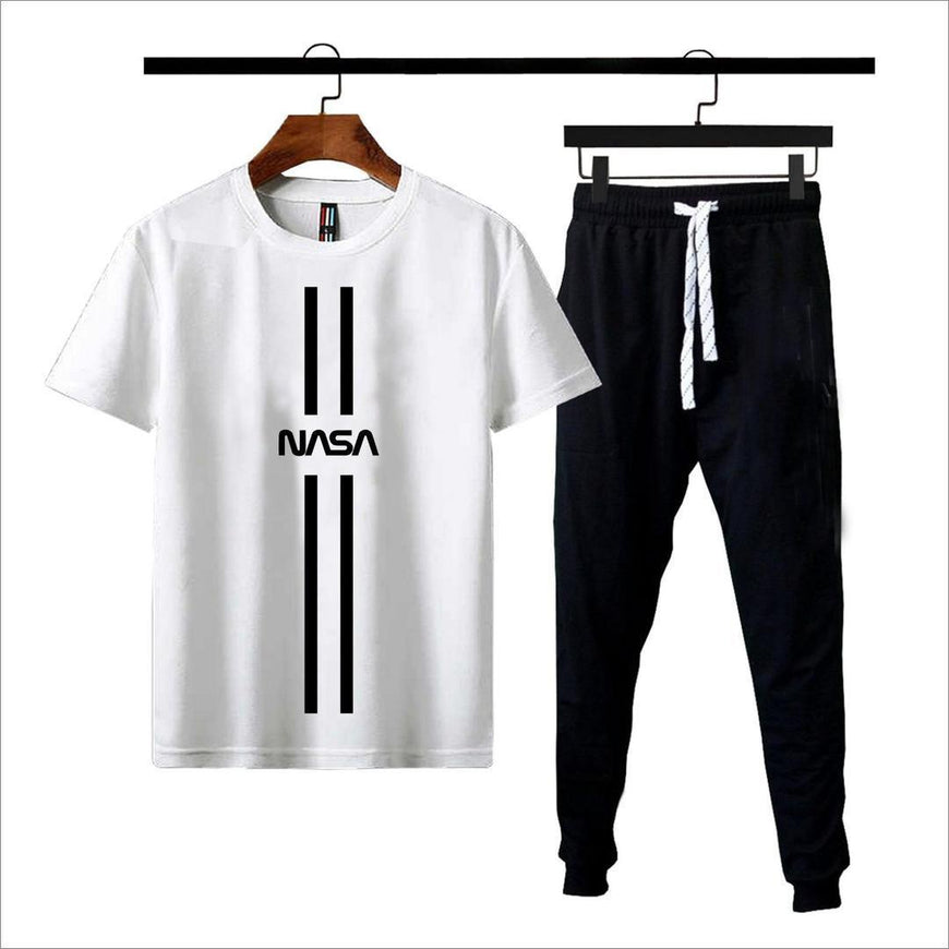 Men NASA Print Cotton Jersey 2-Piece Set White Black