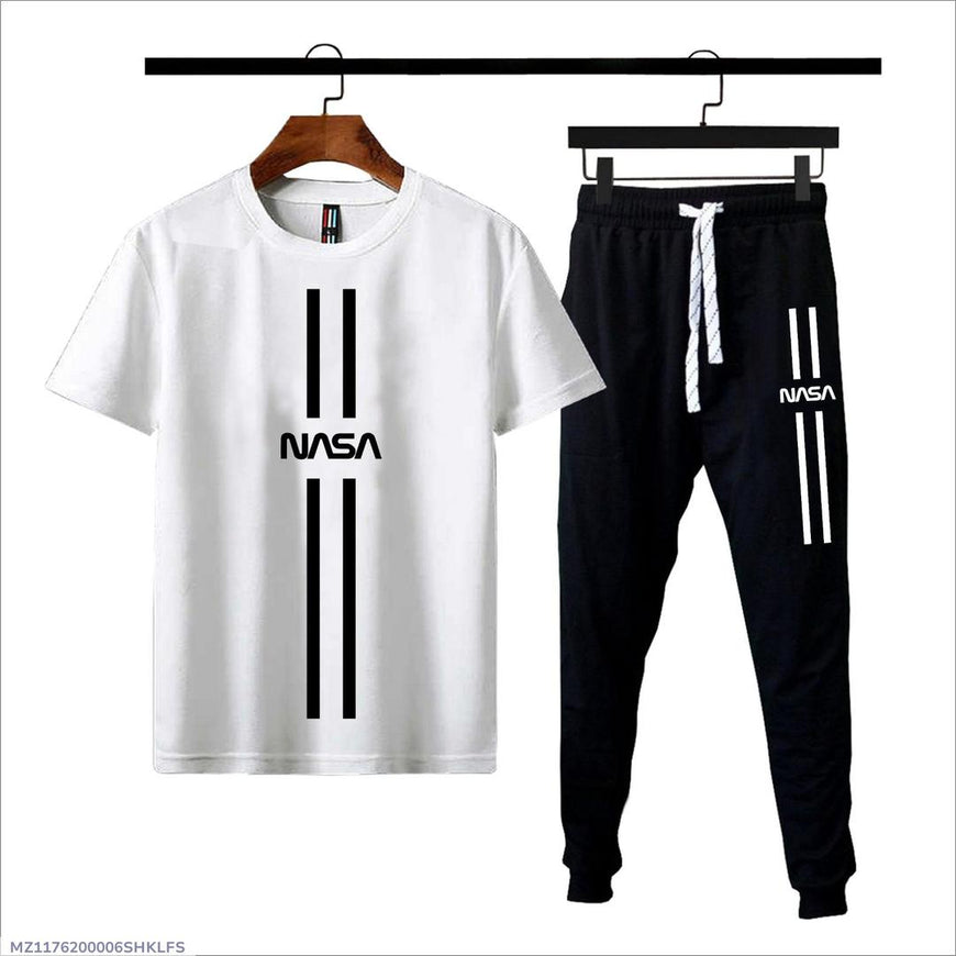 Men NASA Print Cotton Jersey 2-Piece Set White Black