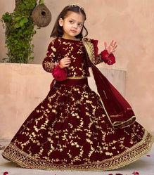 Maroon Raw Silk 3-Piece Embroidered Set for Girls 7-12