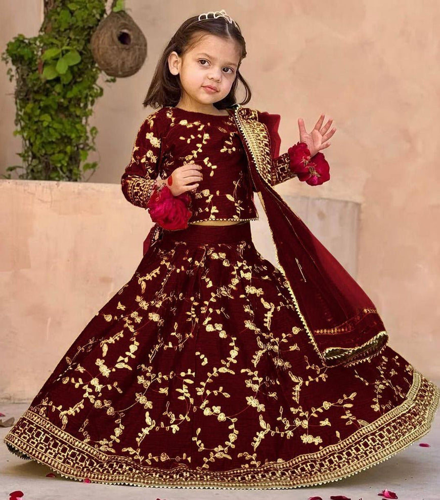 Maroon Raw Silk 3-Piece Embroidered Set for Girls 7-12