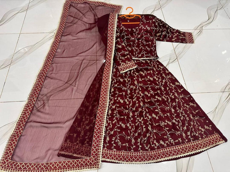 Maroon Raw Silk 3-Piece Embroidered Set for Girls 7-12
