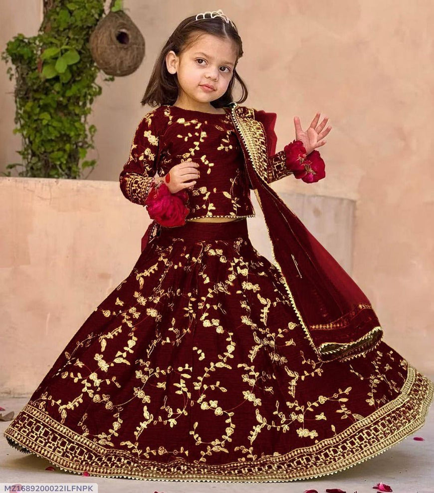 Maroon Raw Silk 3-Piece Embroidered Set for Girls 7-12