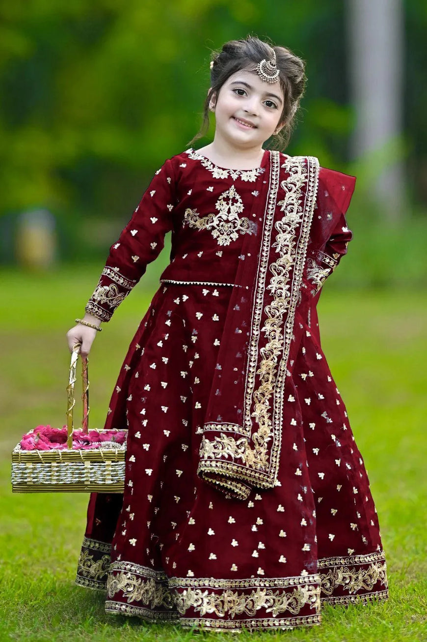 Maroon Shamoz Silk 3-Piece for Girls 5-12 Years