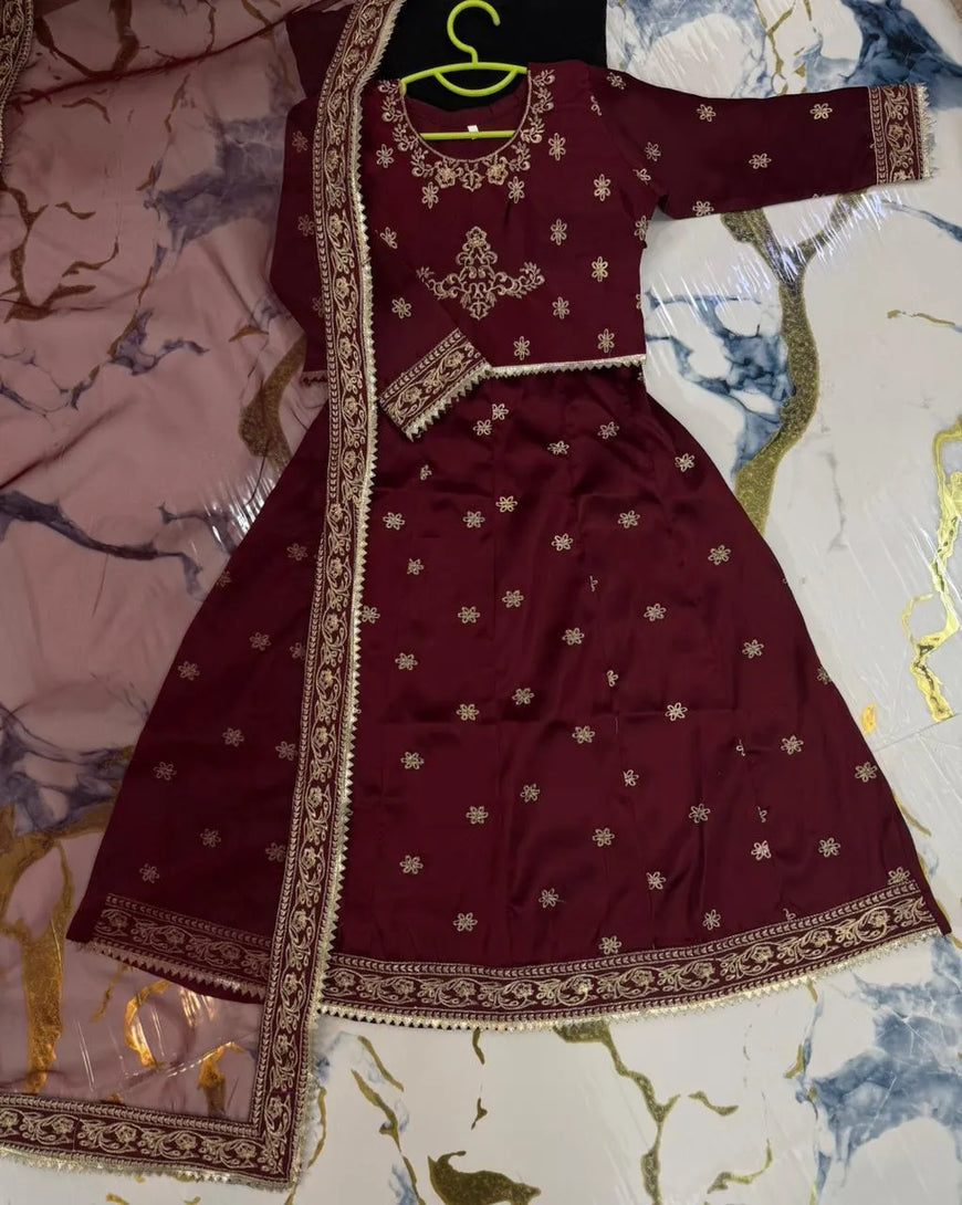 Maroon Shamoz Silk 3-Piece for Girls 5-12 Years