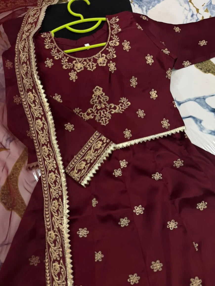 Maroon Shamoz Silk 3-Piece for Girls 5-12 Years