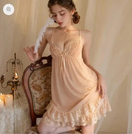 Beige Lace Nightgown with Ruffled Hem for Women