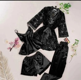 Black Lace Nighty Set 4 Pcs Luxurious Silk