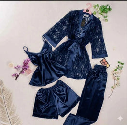 Blue Lace Nighty Set 4 Pcs Silk Satin