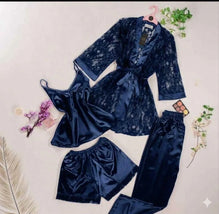 Blue Lace Nighty Set 4 Pcs Silk Satin