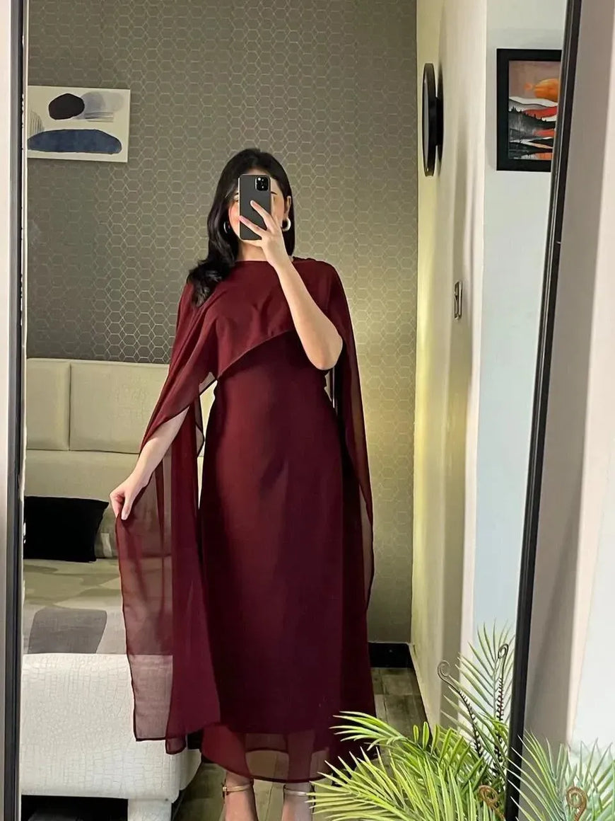 Maroon Chiffon Maxi Dress with Dupatta Set