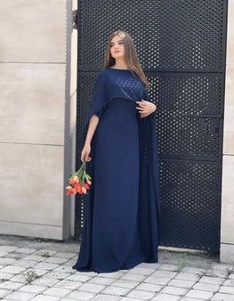 Navy Blue Chiffon Embroidered Maxi Dress 51" for Women