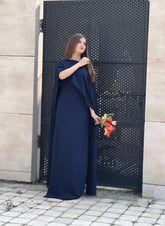 Navy Blue Chiffon Embroidered Maxi Dress 51" for Women