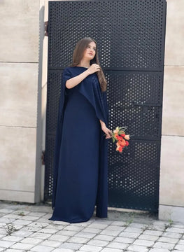 Navy Blue Chiffon Embroidered Maxi Dress 51" for Women