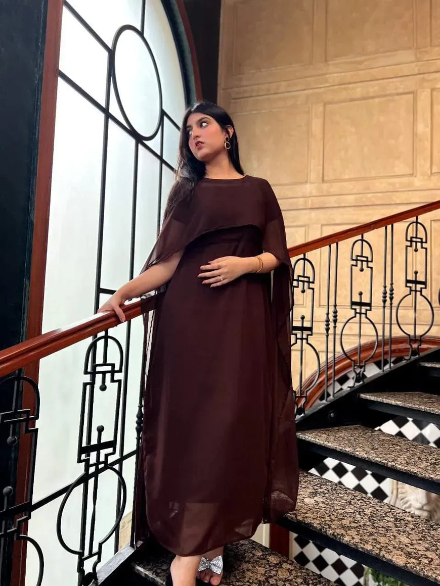 Brown Chiffon Maxi Dress with Dupatta Set