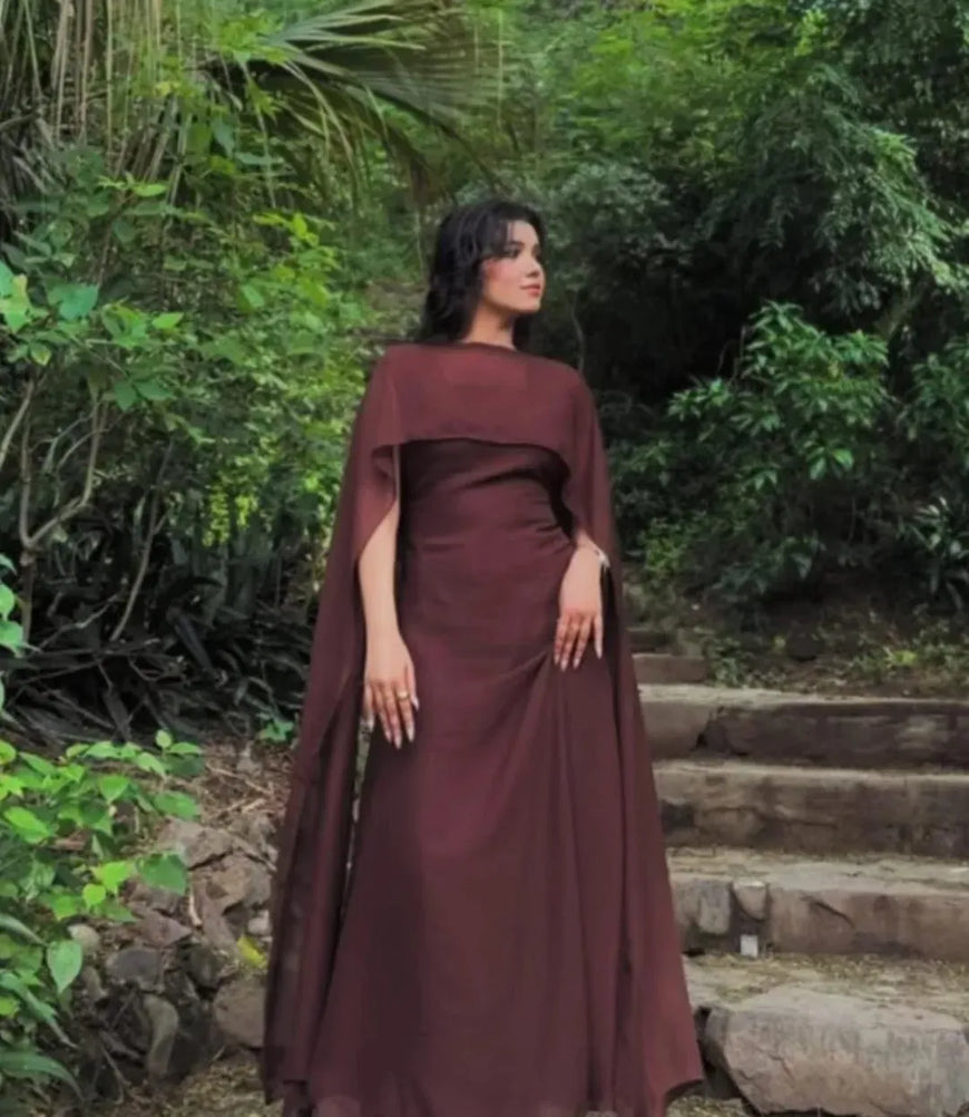 Brown Chiffon Maxi Dress with Dupatta Set