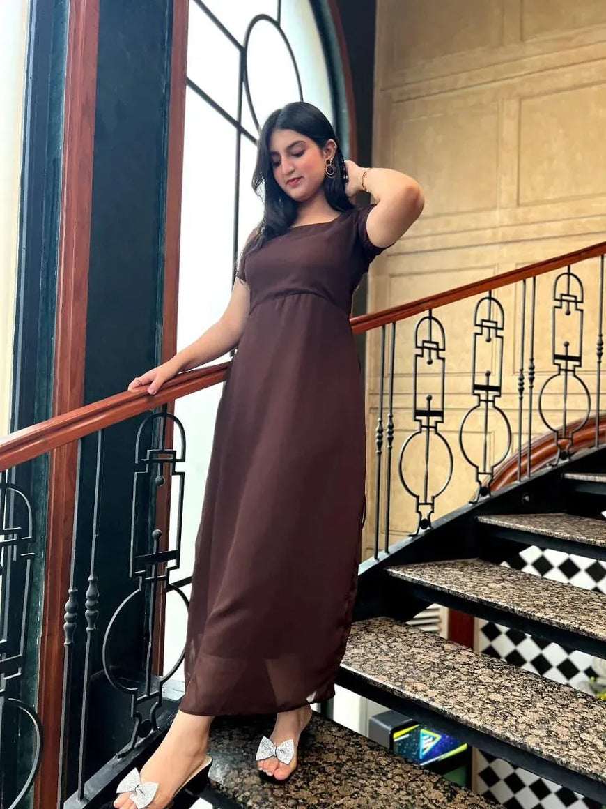 Brown Chiffon Maxi Dress with Dupatta Set
