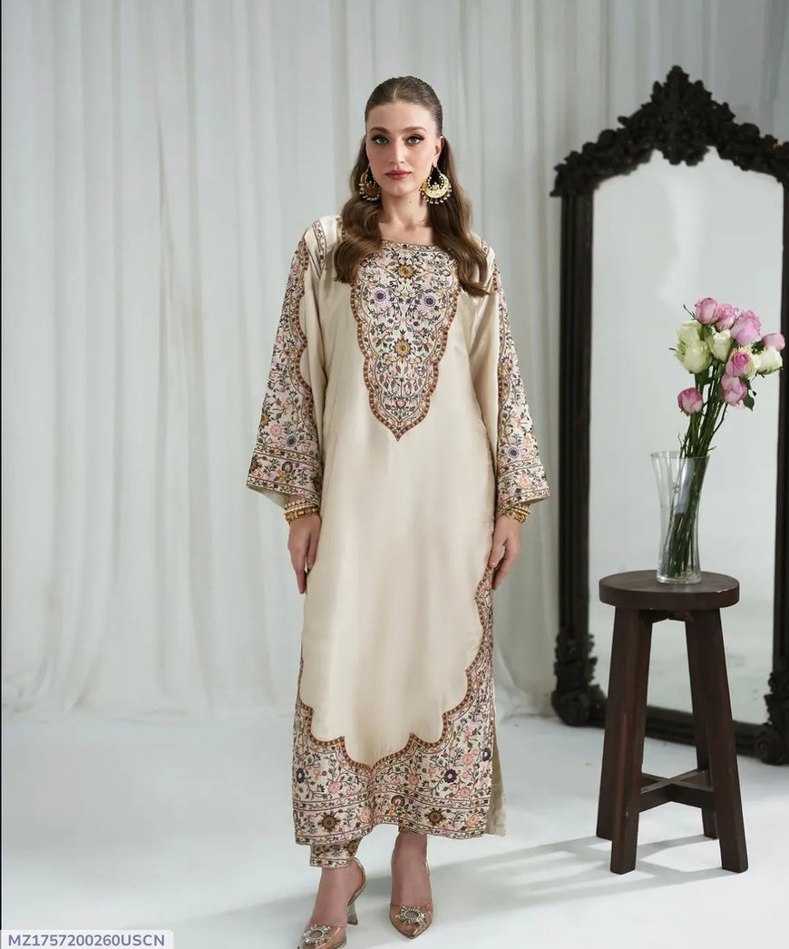 Women's Off White Printed Lawn 2PC Suit with Embroidery
