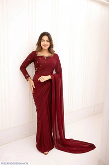 Stitched Chiffon Saree with Embroidered Neck & Sleeves, Maroon, 7 Yards