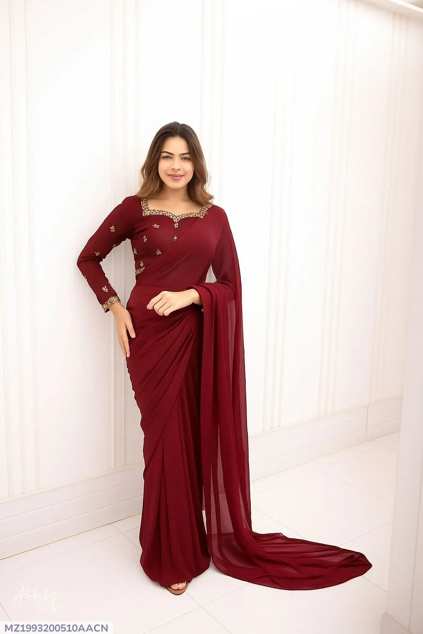 Stitched Chiffon Saree with Embroidered Neck & Sleeves, Maroon, 7 Yards