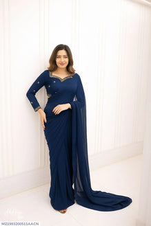 Stitched Chiffon Saree with Embroidered Neck & Sleeves