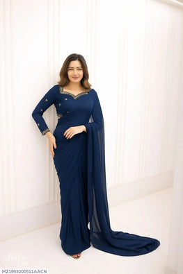 Stitched Chiffon Saree with Embroidered Neck & Sleeves