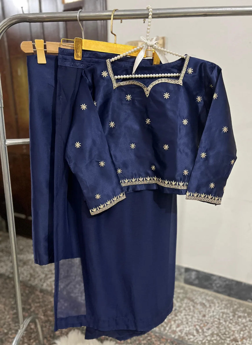 Stitched Chiffon Saree with Embroidered Neck & Sleeves
