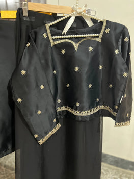 Black Star Embroidered Saree Set Silk Chamose