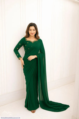 Stitched Chiffon Saree Green Embroidered Blouse Set