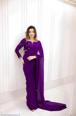 Purple Embroidered Saree Set Size 20 Inch Silk