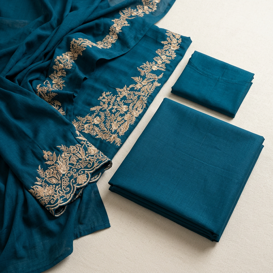 Unstitched Lawn Suit Blue Gold Embroidery