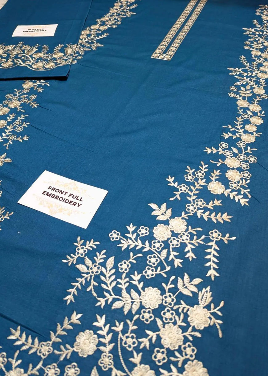 Unstitched Lawn Suit Blue Gold Embroidery