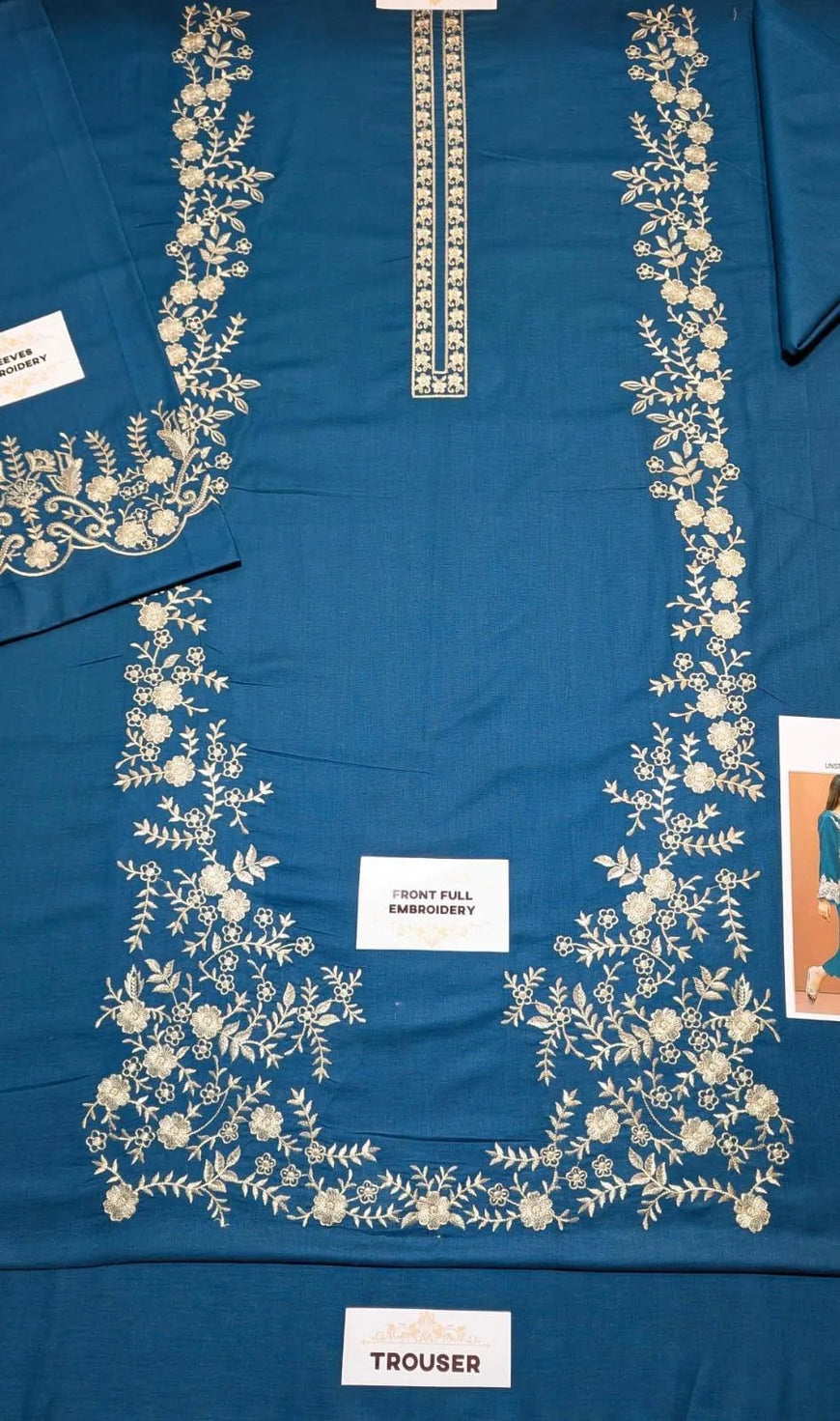 Unstitched Lawn Suit Blue Gold Embroidery