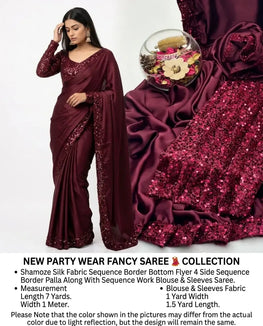 Maroon Sequins Embroidered Saree Set 7 Yard Shamoz Silk