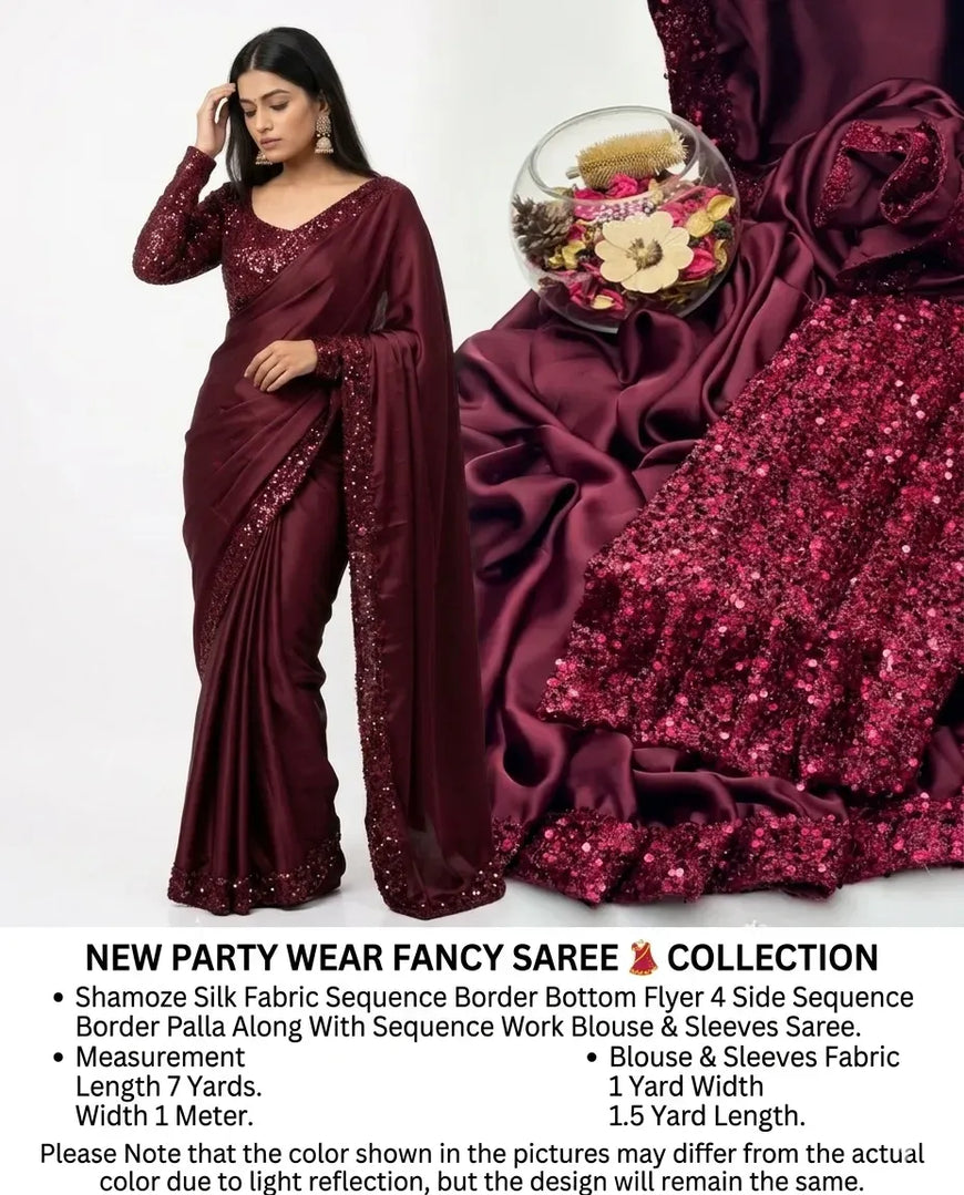 Maroon Sequins Embroidered Saree Set 7 Yard Shamoz Silk