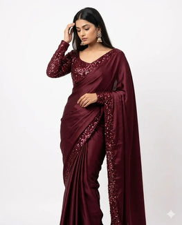 Maroon Sequins Embroidered Saree Set 7 Yard Shamoz Silk