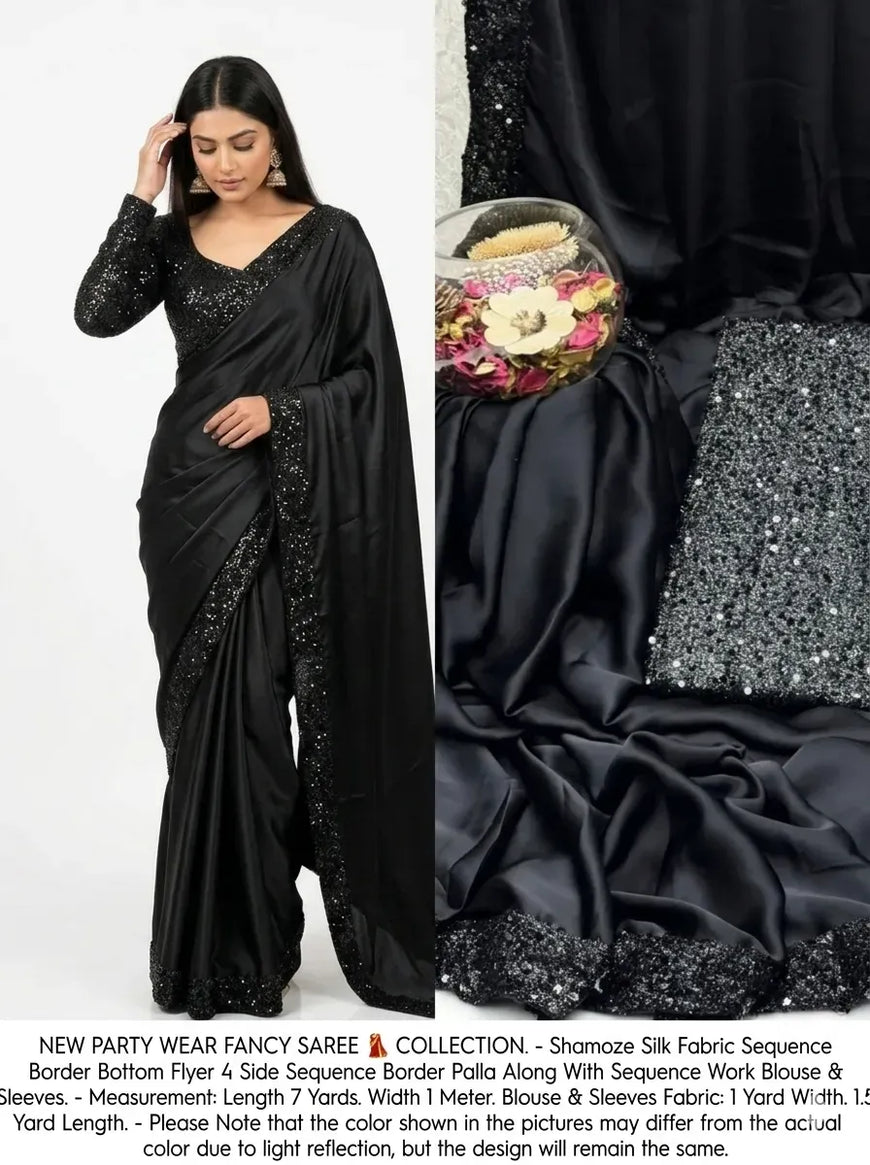 Black Sequin Border Saree with Blouse Set