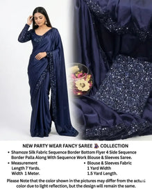 Blue Sequins Embroidered 7 Yard Shamoz Silk Saree