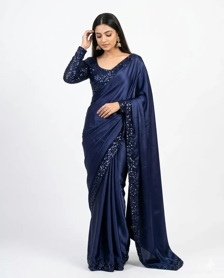 Blue Sequins Embroidered 7 Yard Shamoz Silk Saree