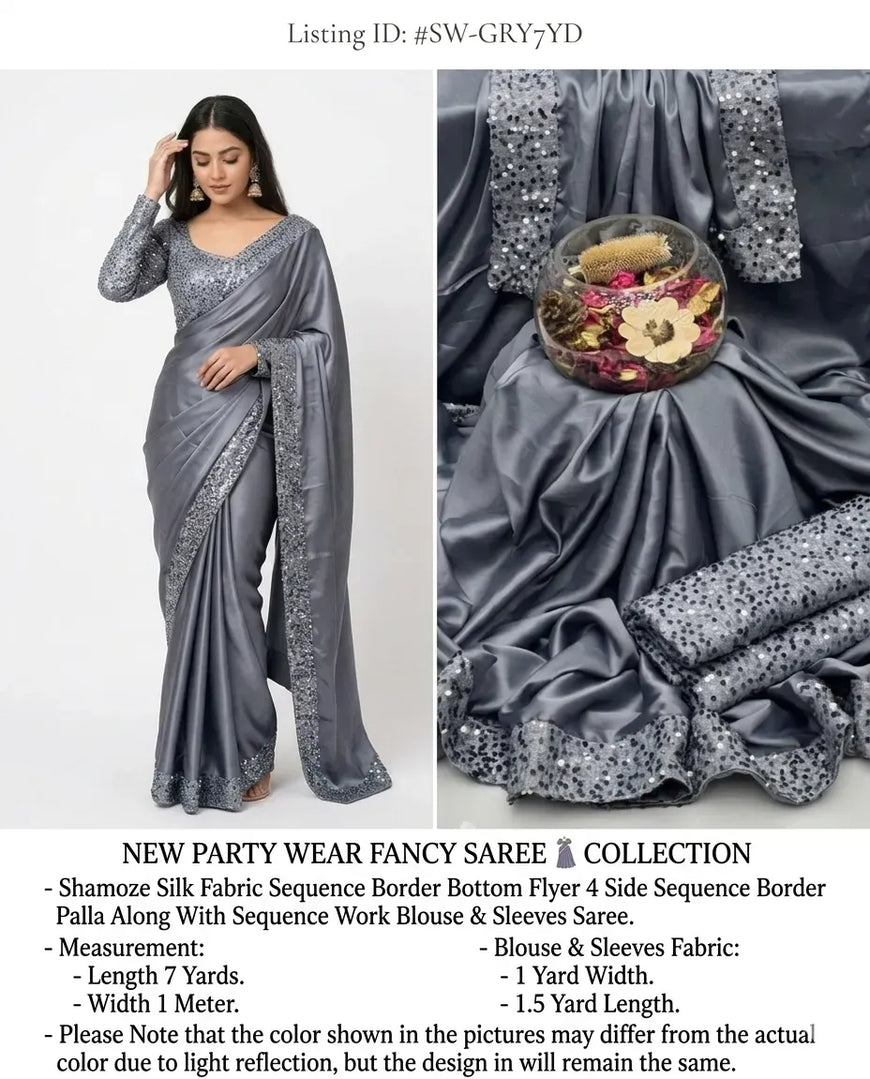 Grey Sequins Embroidered Saree Set for Women